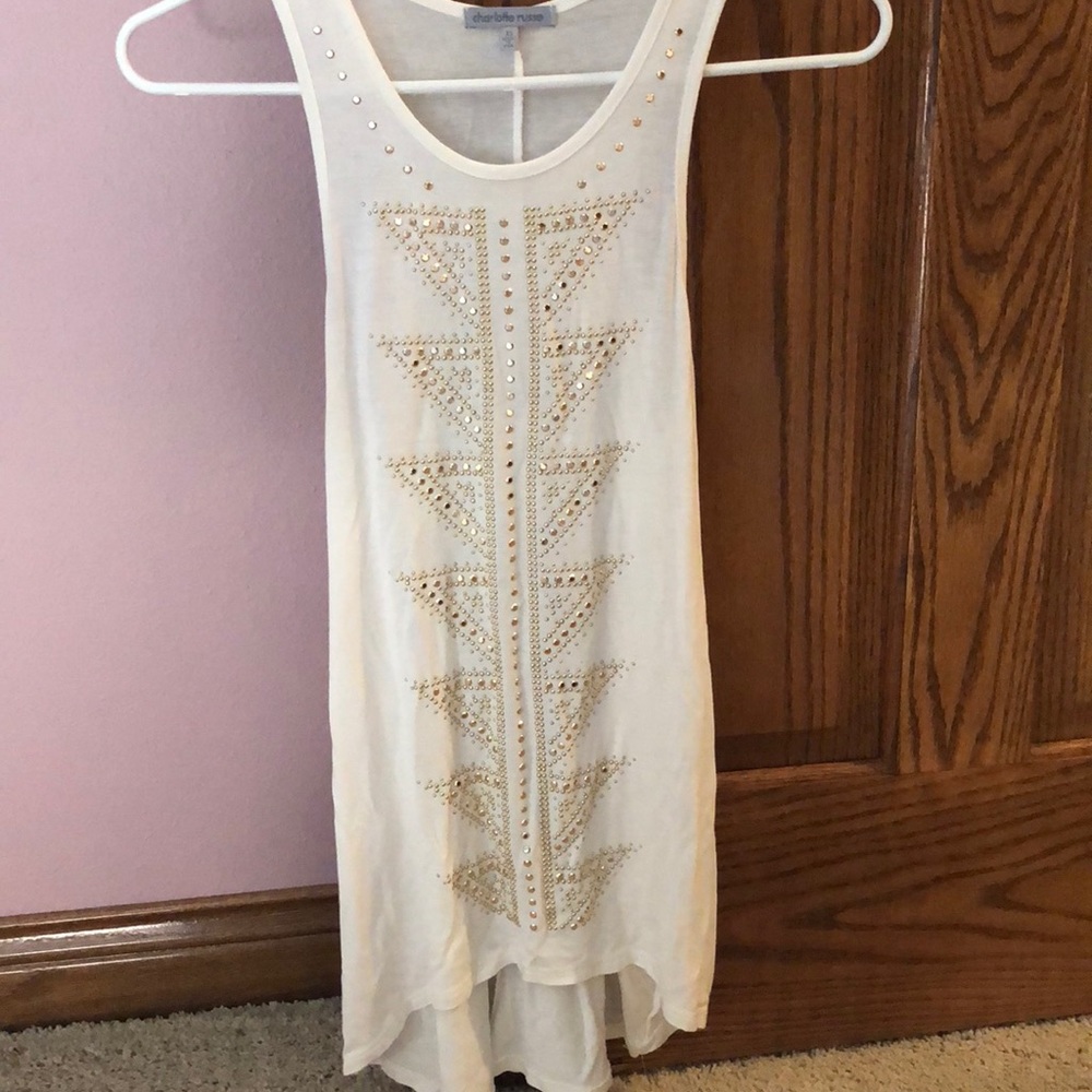 White with gold studded Aztec high low tank top